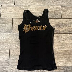 TWISTED HEART Black Tank Top with Gold Sequin 'Peace'
